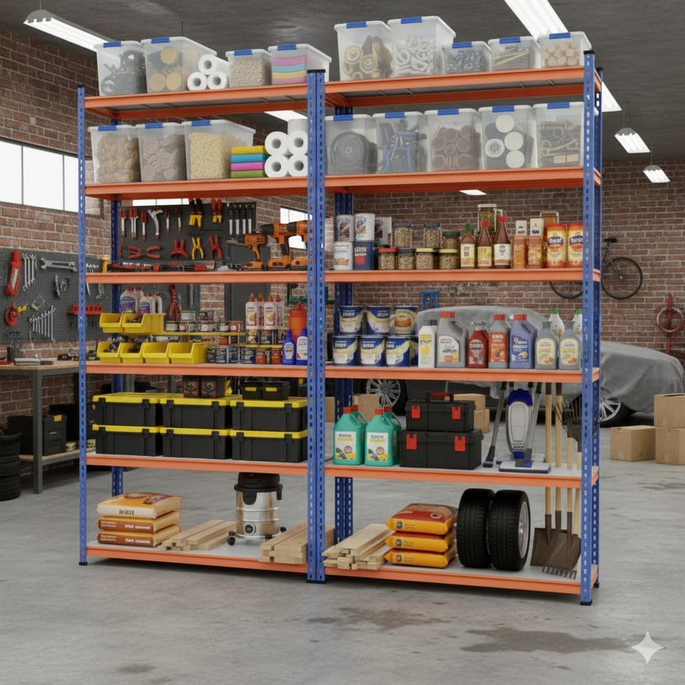 FIT-RIGHT BOLTLESS RACKS 2500MM (96") HT X 900MM (36") WIDE X 300MM (12") DEEP 6 LEVELS LOAD CAPACITY OF 100 KGS PER LEVEL, POWDER COATED FULL METAL BODY, BLUE/ORANGE