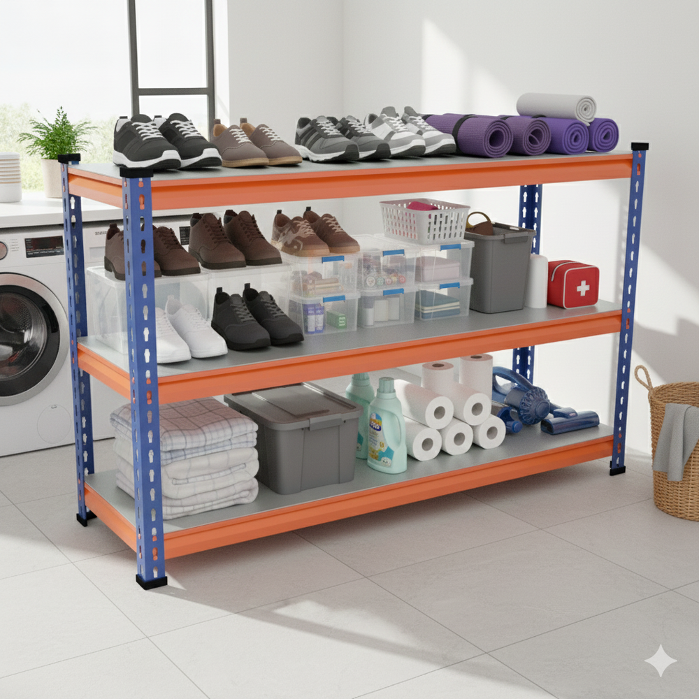 FIT-RIGHT BOLTLESS RACKS 750MM (30") HT X 600MM (24") WIDE X 300MM (12") DEEP 3 LEVELS LOAD CAPACITY OF 100 KGS PER LEVEL, POWDER COATED FULL METAL BODY, BLUE/ORANGE