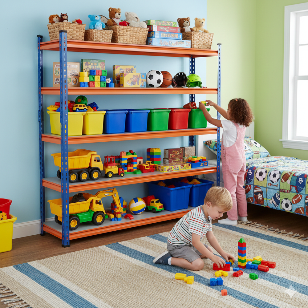 FIT-RIGHT BOLTLESS RACKS 1500MM (60") HT X 900MM (36") WIDE X 300MM (12") DEEP 5 LEVELS LOAD CAPACITY OF 100 KGS PER LEVEL, POWDER COATED FULL METAL BODY, BLUE/ORANGE