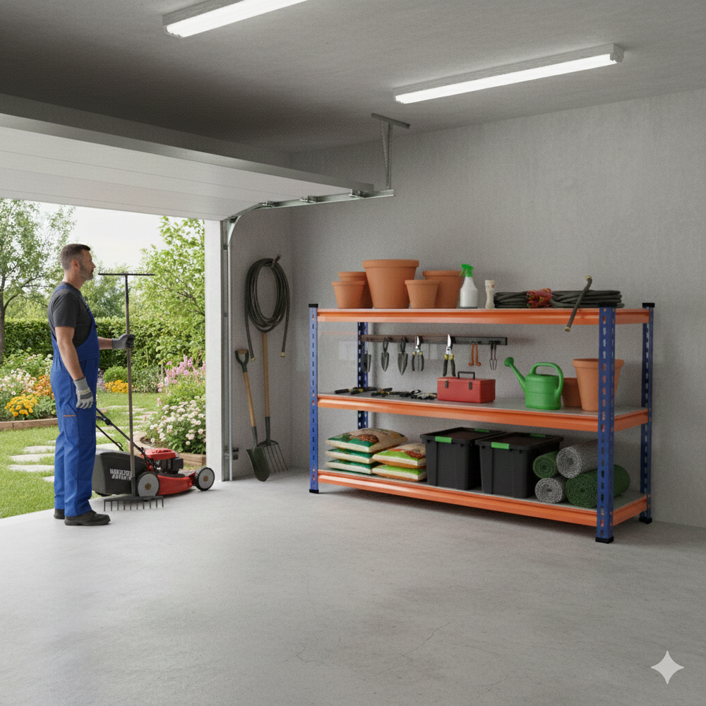 FIT-RIGHT BOLTLESS RACKS 750MM (30") HT X 900MM (36") WIDE X 375MM (15") DEEP 3 LEVELS LOAD CAPACITY OF 100 KGS PER LEVEL, POWDER COATED FULL METAL BODY, BLUE/ORANGE
