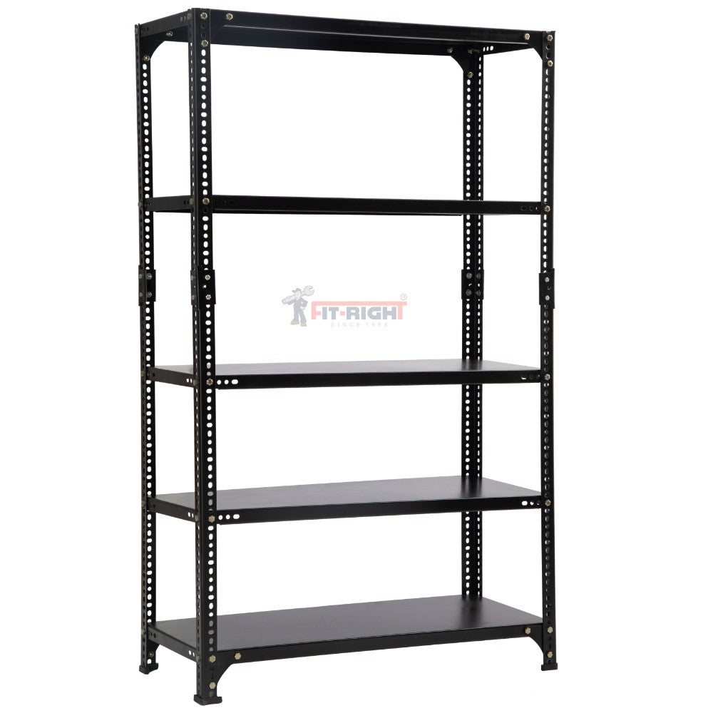 FIT-RIGHT SLOTTED ANGLES RACKS 1500MM (60") HT X 900MM(36") WIDE X 300MM (12") DEEP 5 LEVELS LOAD CAPACITY OF 30-40 KGS, POWDER COATED BLACK ,ANGLES 1.8MM (15G),22G SHELVES