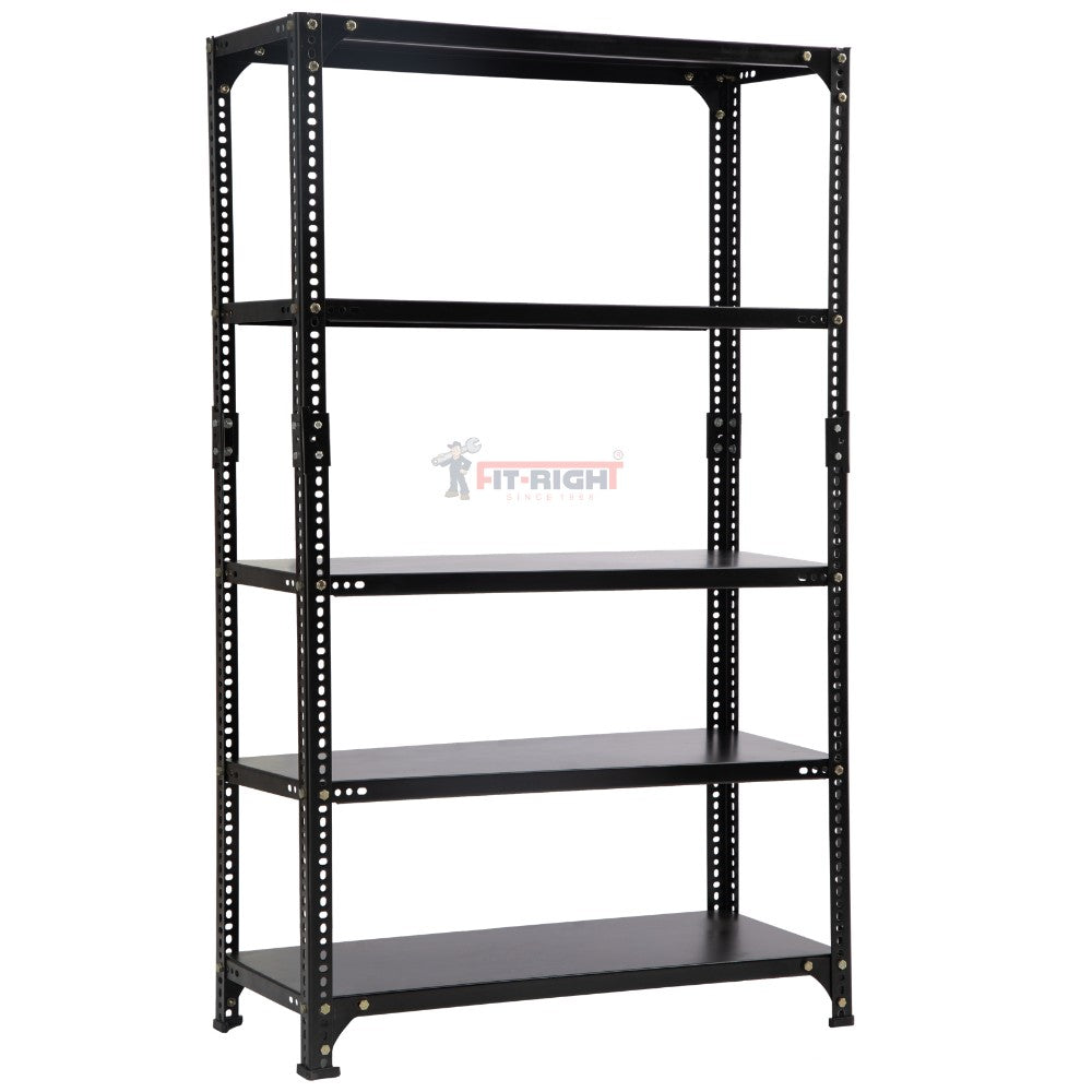 FIT-RIGHT SLOTTED ANGLES RACKS 1500MM (60") HT X 900MM(36") WIDE X 450MM (18") DEEP 5 LEVELS LOAD CAPACITY OF 30-40 KGS, POWDER COATED BLACK ,ANGLES 1.8MM (15G),SHELVES 22G