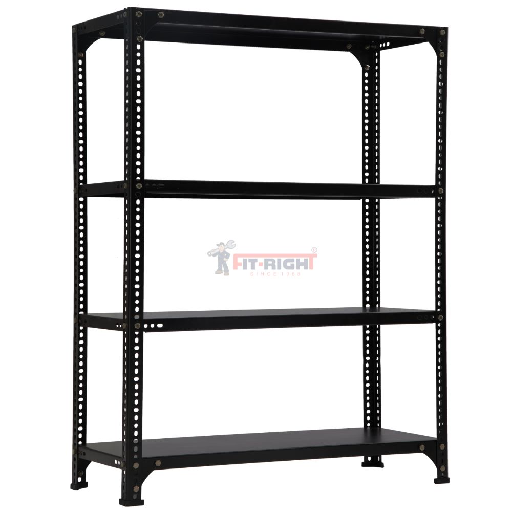 FIT-RIGHT SLOTTED ANGLES RACKS 1200MM (48") HT X 600MM(24") WIDE X 300MM (12") DEEP 4 LEVELS LOAD CAPACITY OF 30-40 KGS, POWDER COATED BLACK, ANGLES 1.8MM (15G), SHELVES 22G