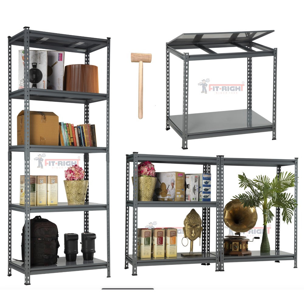 FIT-RIGHT BOLTLESS RACKS 2500MM (96") HT X 900MM (36") WIDE X 450MM (18") DEEP 5 LEVELS LOAD CAPACITY OF 120 KGS PER LEVEL, POWDER COATED GREY WITH HEAVY DUTY SHELVES