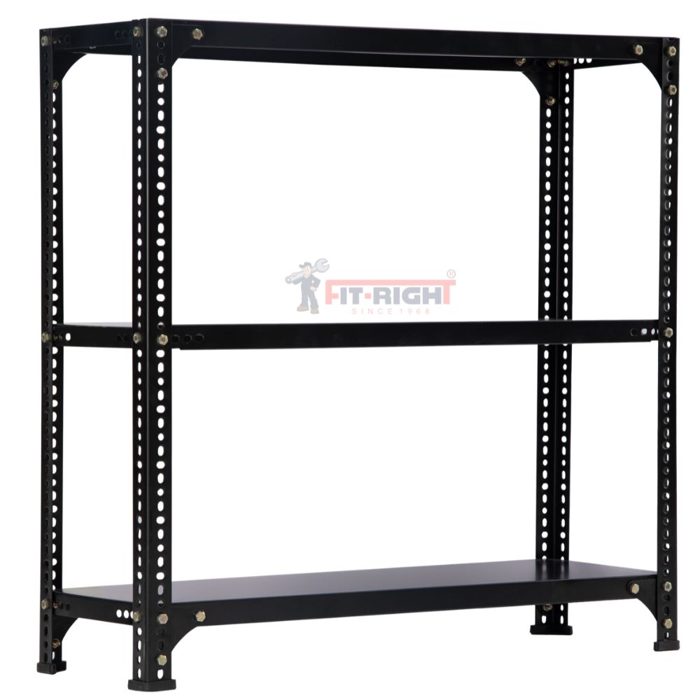 FIT-RIGHT SLOTTED ANGLES RACKS 900MM (36") HT X 1200MM(48") WIDE X 375MM (15") DEEP 3 LEVELS LOAD CAPACITY OF 30-40 KGS, POWDER COATED BLACK ,ANGLES 1.8MM (15G),SHELVES 22G