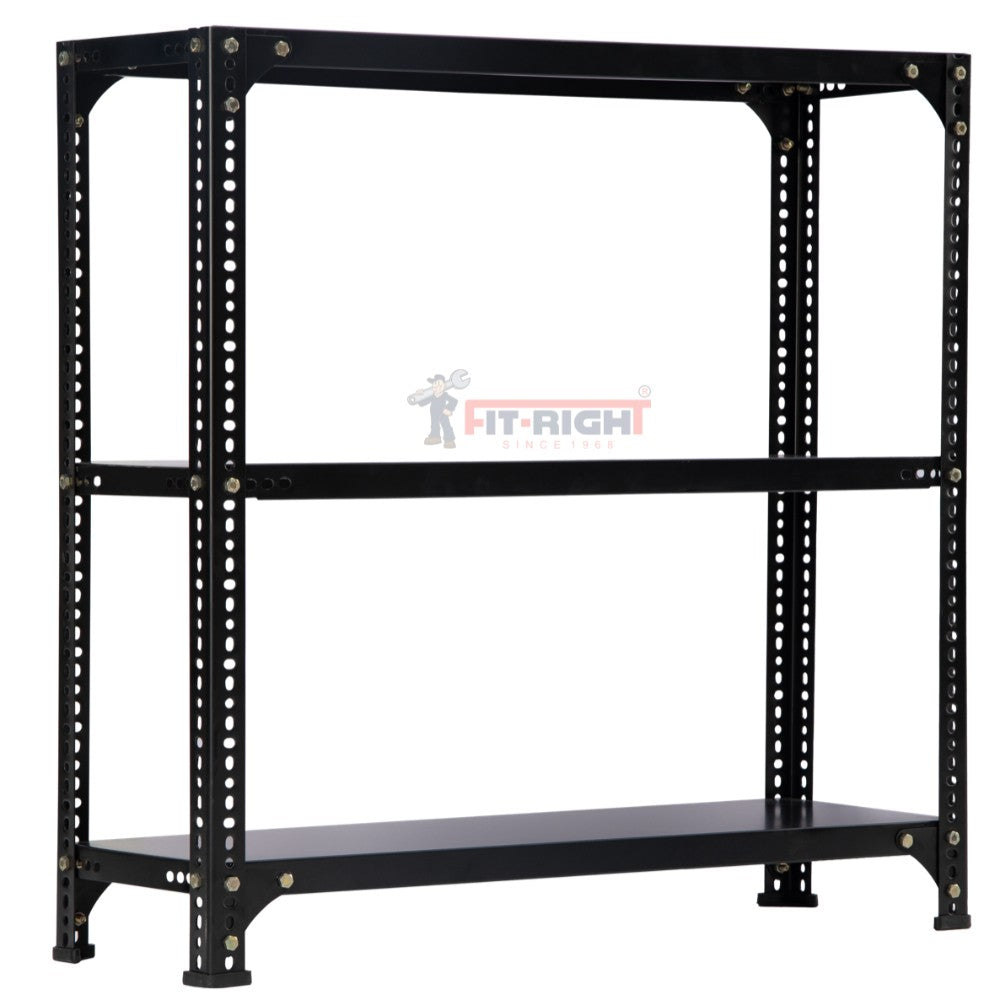 FIT-RIGHT SLOTTED ANGLES RACKS 900MM (36") HT X 900MM(36") WIDE X 450MM (18") DEEP 3 LEVELS LOAD CAPACITY OF 30-40 KGS, POWDER COATED BLACK ,ANGLES 1.8MM (15G),SHELVES 22G