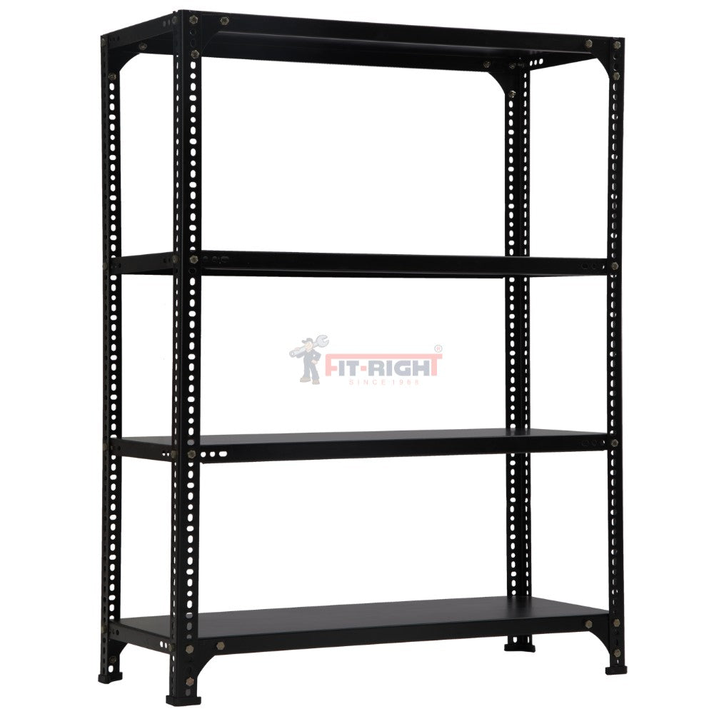 FIT-RIGHT SLOTTED ANGLES RACKS 1200MM (48") HT X 600MM(24") WIDE X 375MM (15") DEEP 4 LEVELS LOAD CAPACITY OF 30-40 KGS, POWDER COATED BLACK, ANGLES 1.8MM (15G),SHELVES 22G