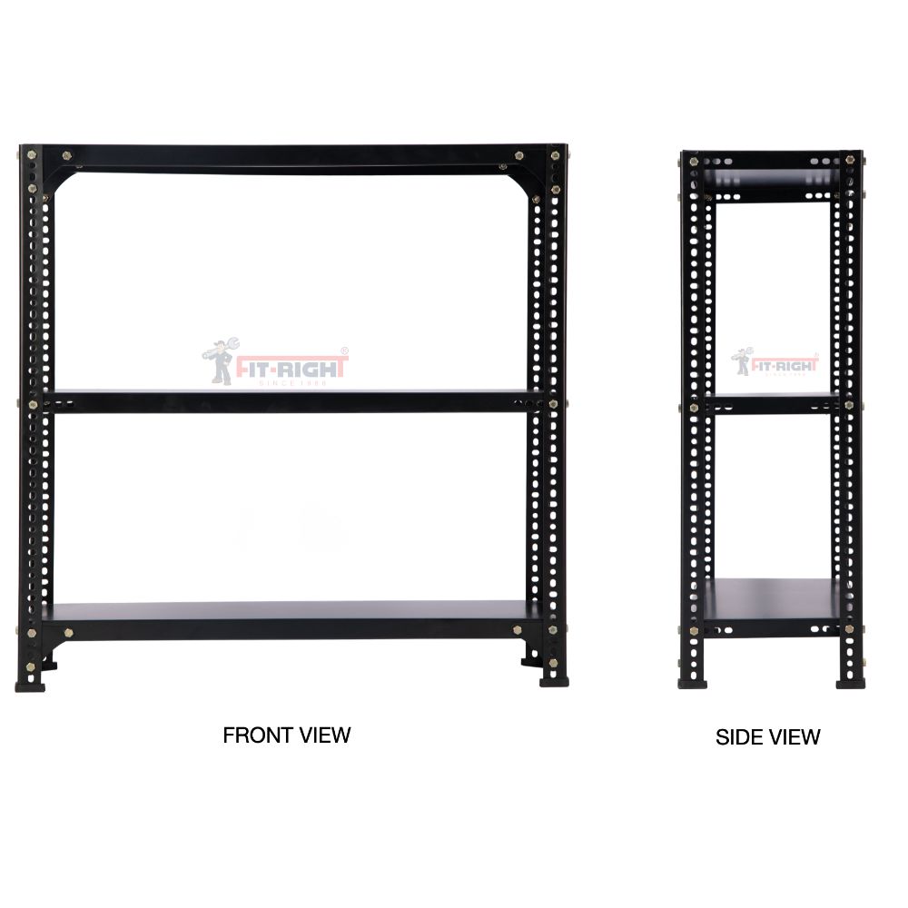 FIT-RIGHT SLOTTED ANGLES RACKS 900MM (36") HT X 1200MM(48") WIDE X 375MM (15") DEEP 3 LEVELS LOAD CAPACITY OF 30-40 KGS, POWDER COATED BLACK ,ANGLES 1.8MM (15G),SHELVES 22G