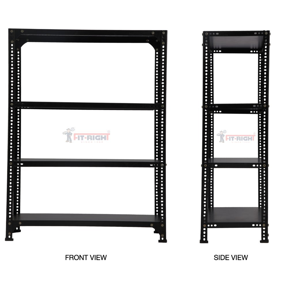 FIT-RIGHT SLOTTED ANGLES RACKS 1200MM (48") HT X 600MM(24") WIDE X 375MM (15") DEEP 4 LEVELS LOAD CAPACITY OF 30-40 KGS, POWDER COATED BLACK, ANGLES 1.8MM (15G),SHELVES 22G