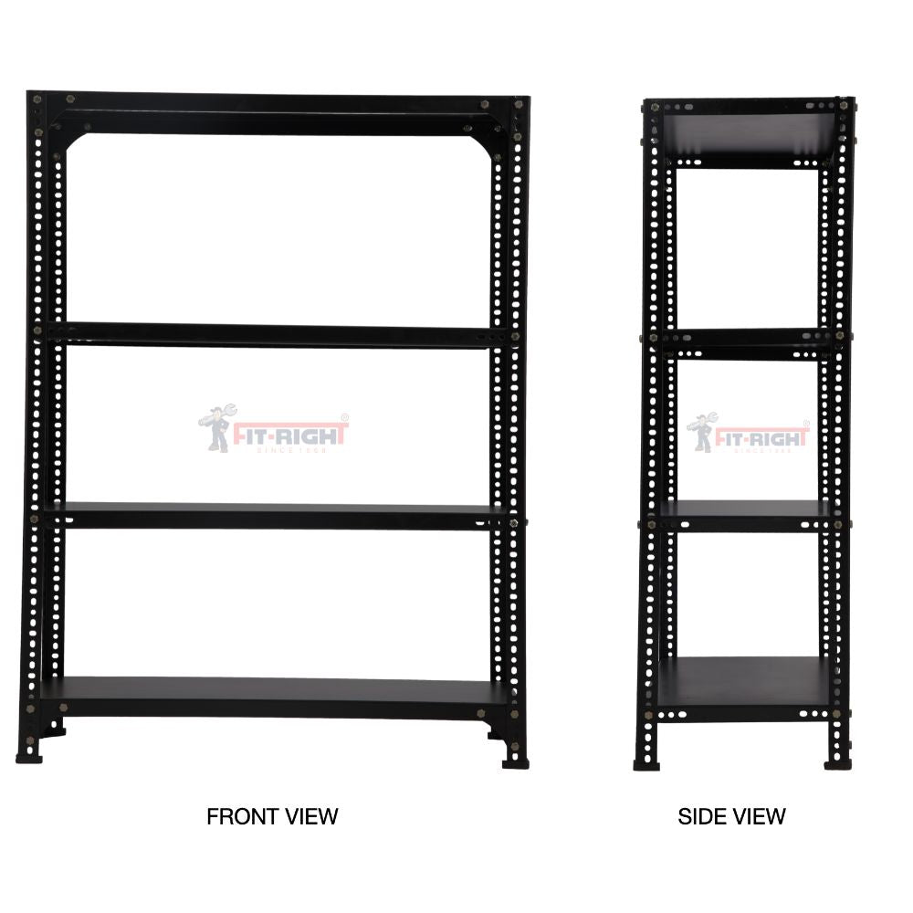 FIT-RIGHT SLOTTED ANGLES RACKS 1200MM (48") HT X 900MM(36") WIDE X 300MM (12") DEEP 4 LEVELS LOAD CAPACITY OF 30-40 KGS, POWDER COATED BLACK, ANGLES 1.8MM (15G), SHELVES 22G