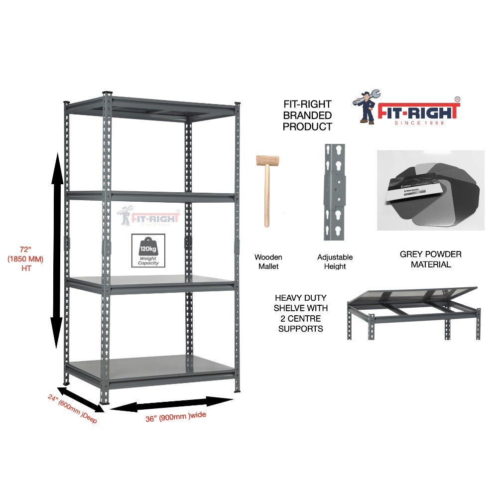 FIT-RIGHT BOLTLESS RACKS 1800MM (72") HT X 900MM (36") WIDE X 600MM (24") DEEP 4 LEVELS LOAD CAPACITY OF 120 KGS PER LEVEL, POWDER COATED GREY WITH HEAVY DUTY SHELVES