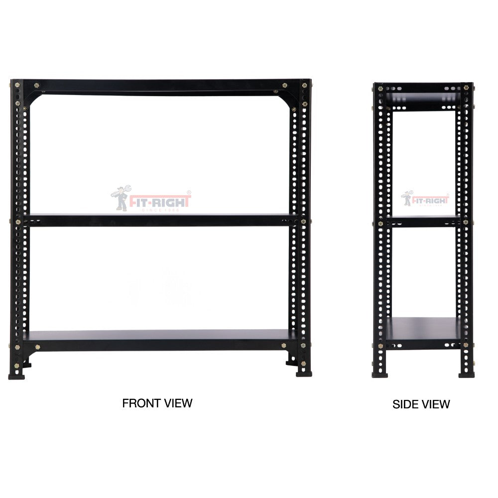 FIT-RIGHT SLOTTED ANGLES RACKS 900MM (36") HT X 900MM(36") WIDE X 450MM (18") DEEP 3 LEVELS LOAD CAPACITY OF 30-40 KGS, POWDER COATED BLACK ,ANGLES 1.8MM (15G),SHELVES 22G