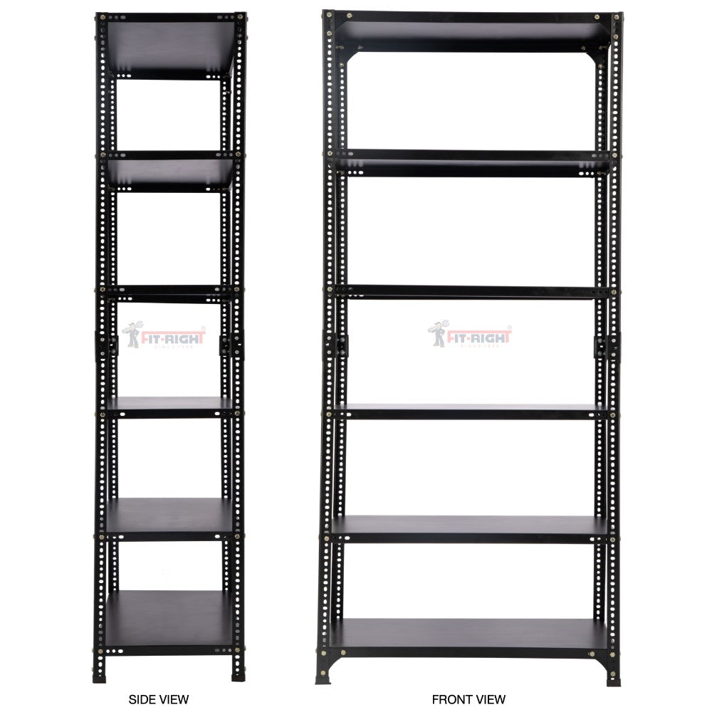 FIT-RIGHT SLOTTED ANGLES RACKS 2000MM (78") HT X 900MM(36") WIDE X 300MM (12") DEEP 6 LEVELS LOAD CAPACITY OF 30-40 KGS, POWDER COATED BLACK ,ANGLES 1.8MM (15G),SHELVES 22G