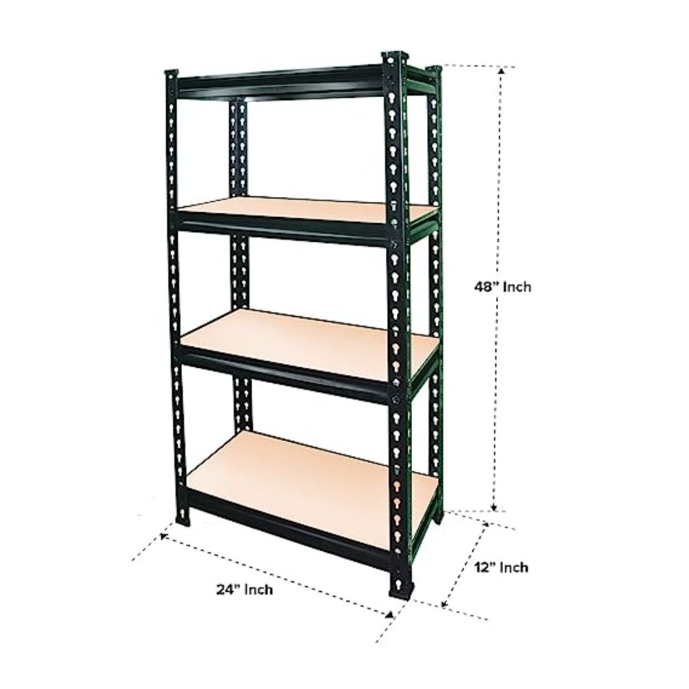 FIT-RIGHT BOLTLESS RACKS 1200MM (48") HT X 600MM (24") WIDE X 300MM (12") DEEP 4 LEVELS LOAD CAPACITY OF 100 KGS PER LEVEL, POWDER COATED BLACK